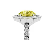 Fancy Yellow Round Cut Diamond Milgrain Floral Halo Engagement Ring Set in White gold with Pavé Band