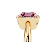 Fancy Pink Asscher Cut Diamond Halo Engagement Ring Set in Yellow gold with Plain Split Shank and Prong Setting