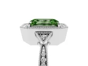 Fancy Green Emerald Cut Diamond Halo Engagement Ring Set in White gold with Milgrain Pavé Band