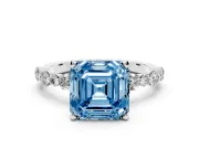 Fancy Blue Asscher Cut Diamond Prong Set Engagement Ring Set in White gold with Round Accent Pavé Band