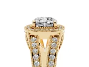 Cushion Cut Vintage Milgrain Halo Engagement Ring Setting | Pave Split Shank | Yellow Gold