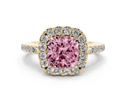 Cushion Cut Pave Halo Engagement Ring Setting for a Fancy Pink Lab-Grown Diamond | Pave Band | Yellow Gold