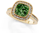 Fancy Green Cushion Cut Diamond Halo Ring Set in Yellow gold with Pavé Band and Milgrain-Edged Prongs