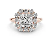 Princess Cut Milgrain Halo Engagement Ring Setting | Graduated Bezel Accents | Rose Gold