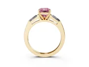 Fancy Pink Radiant Cut Diamond Solitaire Ring Set in Yellow gold with Tapered Baguette Side Stones and Prong Setting