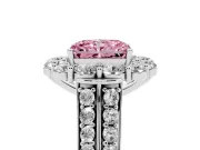 Fancy Pink Radiant Cut Diamond Halo Engagement Ring Set in White gold with Split Shank and Prong Setting