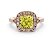 Fancy Yellow Cushion Cut Diamond Halo Engagement Ring Set in Rose gold with Milgrain Pavé Band