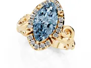 Fancy Blue Marquise Cut Diamond Halo Ring Set in Yellow gold with Scrollwork Band and Prong Setting