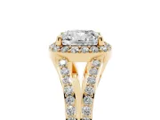 Cushion Cut Halo Engagement Ring Setting | V-Split Pavé Band | Yellow Gold