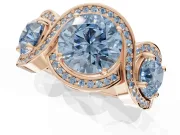 Round Three Stone Halo Engagement Ring Setting for a Fancy Blue Lab-Grown Diamond | Pavé Wave Band | Rose Gold