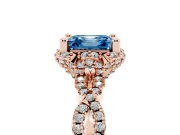 Fancy Blue Asscher Cut Diamond Halo Twist Band Solitaire Ring Set in Rose gold with Prong-Set Center Stone
