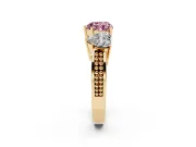 Heart-Shaped Three Stone Engagement Ring Setting for a Fancy Pink Lab-Grown Diamond | Beaded Shoulders | Yellow Gold