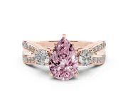 Fancy Pink Three-Stone Pear Cut Diamond Twist Band Ring Set in Rose gold with Pavé Accents and Prong Setting