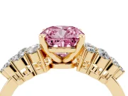 Cushion Cut Side Stone Engagement Ring Setting for a Fancy Pink Lab-Grown Diamond | Shoulder Clusters | Yellow Gold