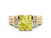 Fancy Yellow Three-Stone Radiant Cut Diamond Channel Set Ring Set in Yellow gold with Bar Prongs