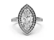 Marquise Cut Diamond Halo Solitaire Ring Set in White gold with Pavé Band and Bezel Setting