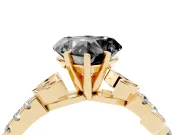 Fancy Black Heart Cut Diamond Solitaire Leaf-Inspired Ring Set in Yellow gold with Pavé Band and Prong Setting