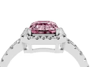 Fancy Pink Emerald Cut Diamond Halo Ring Set in White gold with Delicate Pavé Band and Prong Setting