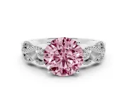 Fancy Pink Round Cut Diamond Milgrain Leaf Band Solitaire Ring Set in Platinum with Accent Stones and Prong Setting