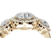Round Three Stone Halo Engagement Ring Setting | Haloed Side Stones | Yellow Gold
