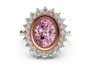 Fancy Pink Oval Cut Diamond Halo Ring Set in Rose gold with Milgrain Edge and Round Prong Setting
