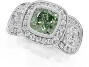 Cushion Cut Three Stone Halo Engagement Ring Setting for a Fancy Green Lab-Grown Diamond | Platinum