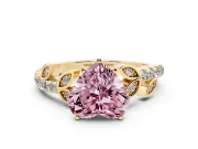 Fancy Pink Heart Cut Diamond Solitaire Leaf-Inspired Ring Set in Yellow gold with Pavé Band and Prong Setting