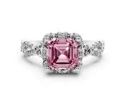 Fancy Pink Asscher Cut Diamond Halo Twist Band Solitaire Ring Set in Platinum with Prong-Set Center Stone
