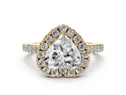 Heart Cut Diamond Halo Pavé Solitaire Ring Set in Yellow gold with Prong-Set Center Stone