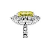 Fancy Yellow Emerald Cut Diamond Floral Halo Ring Set in Silver with Round Pavé Band and Prong Setting