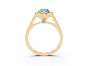 Fancy Blue Pear Cut Diamond Halo Solitaire Ring Set in Yellow gold with Pavé Band and Bezel Setting