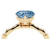 Fancy Blue Heart Cut Diamond Solitaire Ring Set in Yellow gold with Bamboo Band and Prong Setting