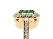 Fancy Green Emerald Cut Diamond Floral Halo Ring Set in Yellow gold with Pavé Band and Prong Setting
