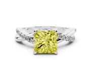 Fancy Yellow Princess Cut Diamond Twist Band Solitaire Set in White gold with Pavé Accents and Prong Setting