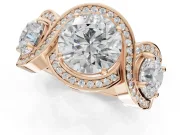 Round Three Stone Halo Engagement Ring Setting | Pavé Wave Band | Rose Gold