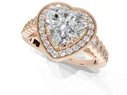 Heart-Shaped Lab-Grown Diamond Milgrain Halo Solitaire Ring Set in Rose Gold with Bezel Set Side Stones and Pavé Band