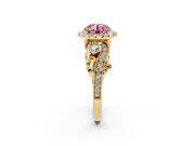 Fancy Pink Round Cut Diamond Halo Ring Set in Yellow gold with Milgrain Pavé Band and Prong Setting