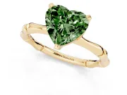 Fancy Green Heart Cut Diamond Solitaire Ring Set in Yellow gold with Bamboo Band and Prong Setting