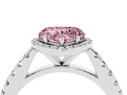 Fancy Pink Heart Cut Diamond Halo Engagement Ring Set in White gold with Pavé Band and Prong Setting
