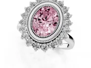 Fancy Pink Oval Cut Diamond Halo Ring Set in Platinum with Milgrain Edge and Round Prong Setting