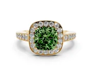 Fancy Green Cushion Cut Diamond Halo Pavé Engagement Ring Set in Yellow gold with Bezel Setting
