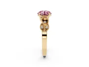 Fancy Pink Round Cut Diamond Milgrain Leaf Band Solitaire Ring Set in Yellow gold with Accent Stones and Prong Setting