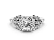 Cushion Cut Diamond Cluster Leaf Design Ring Set in Platinum with Prong Setting