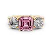 Asscher Cut Three Stone Engagement Ring Setting for a Fancy Pink Lab-Grown Diamond | Wide Plain Band | Yellow Gold