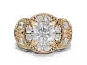 Round Vintage Floral Halo Engagement Ring Setting | Engraved Milgrain Band | Yellow Gold