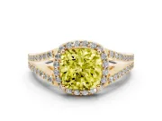 Cushion Cut Halo Engagement Ring Setting for a Fancy Yellow Lab-Grown Diamond | V-Split Pavé Band | Yellow Gold