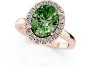 Fancy Green Oval Cut Diamond Halo Solitaire Ring Set in Rose gold with Pavé Band and Prong Setting