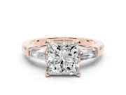 Princess Cut Three Stone Engagement Ring Setting | Tapered Baguettes | Rose Gold