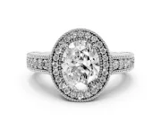 Oval Cut Diamond Halo Ring Set in Silver with Round Accent Halo, Pavé Band and Prong Setting