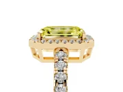 Fancy Yellow Emerald Cut Diamond Halo Ring Set in Yellow gold with Delicate Pavé Band and Prong Setting